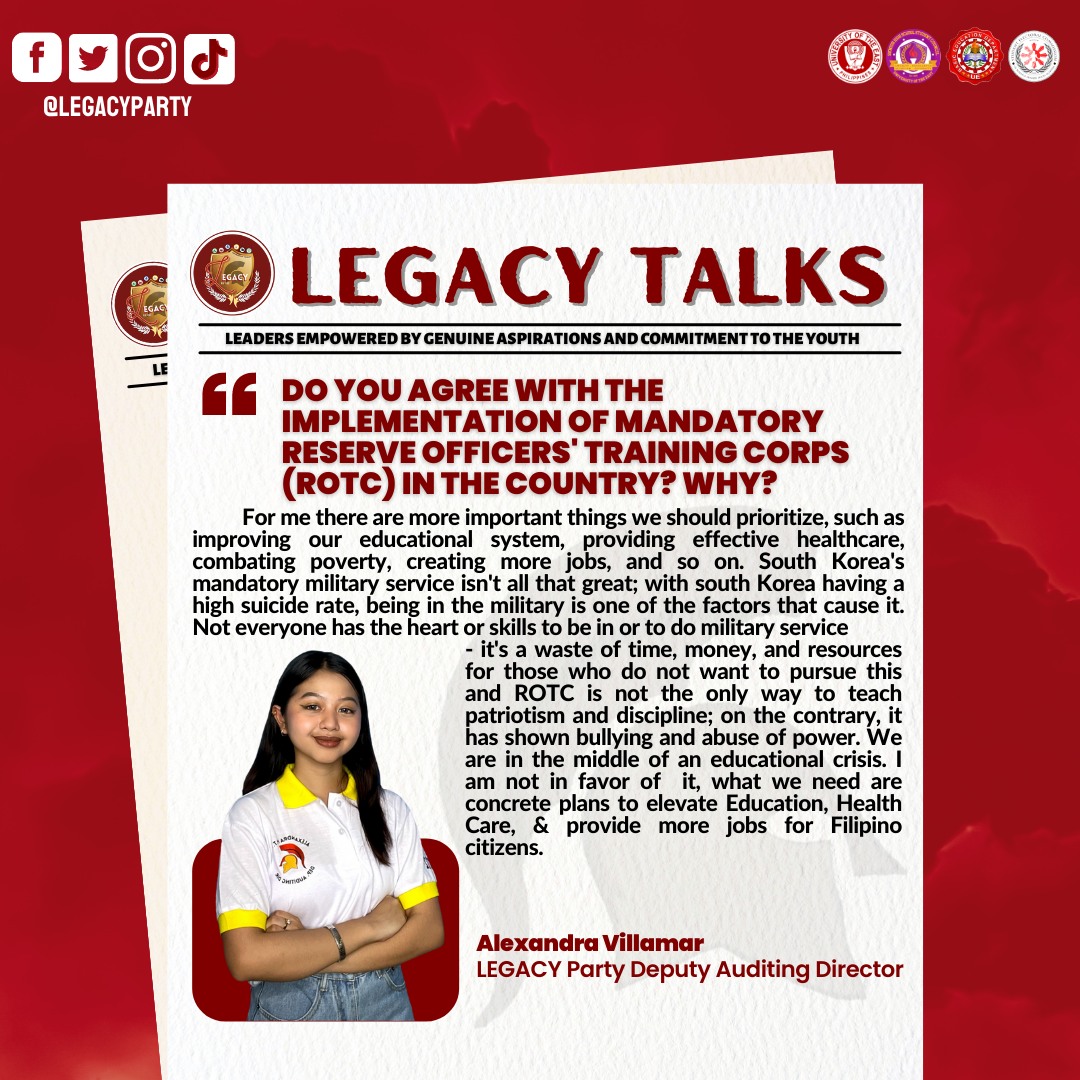 LegacyParty_UE's tweet photo. HIGHLIGHTS | Candidates' Q&amp;A

Witness, as ALEXANDRA VILLAMAR the DEPUTY AUDITING DIRECTOR of LEGACY Party states her answers!

#VILLAMARForEverybody
#VoteSTRAIGHT
#VoteWISELY
#VoteLEGACYPARTY
#LegacyForConsistency
#SaLegacyWalangPagsisisi https://t.co/WD86Br2HXh