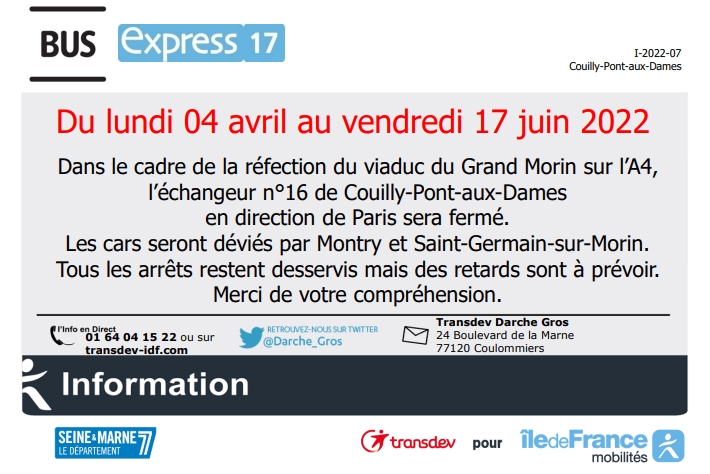 Brie2Morin_IDFM's tweet photo. #Infotrafic #Information #Express17
‼️ Du lundi 04 avril au vendredi 17 juin 2022‼️
🚧Travaux sur l'A4 (en direction de Chessy uniquement)
✅Une déviation est mise en place mais tous les arrêts restent desservis
⚠️Des retards sont à prévoir https://t.co/RfDUQRviUI