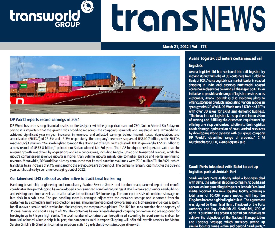 TransworldTweet's tweet photo. #ShippingNewsUpdates - #DPWorld reports record earnings in 2021 | #AvanaLogistek enters containerized rail logistics | Containerised #LNG rolls out as alternative to traditional bunkering.
Read more #Shipping & #Logistics #News: https://t.co/4VDKOImi32
#TransworldGroup #TransNEWS https://t.co/hlseTFdJmo