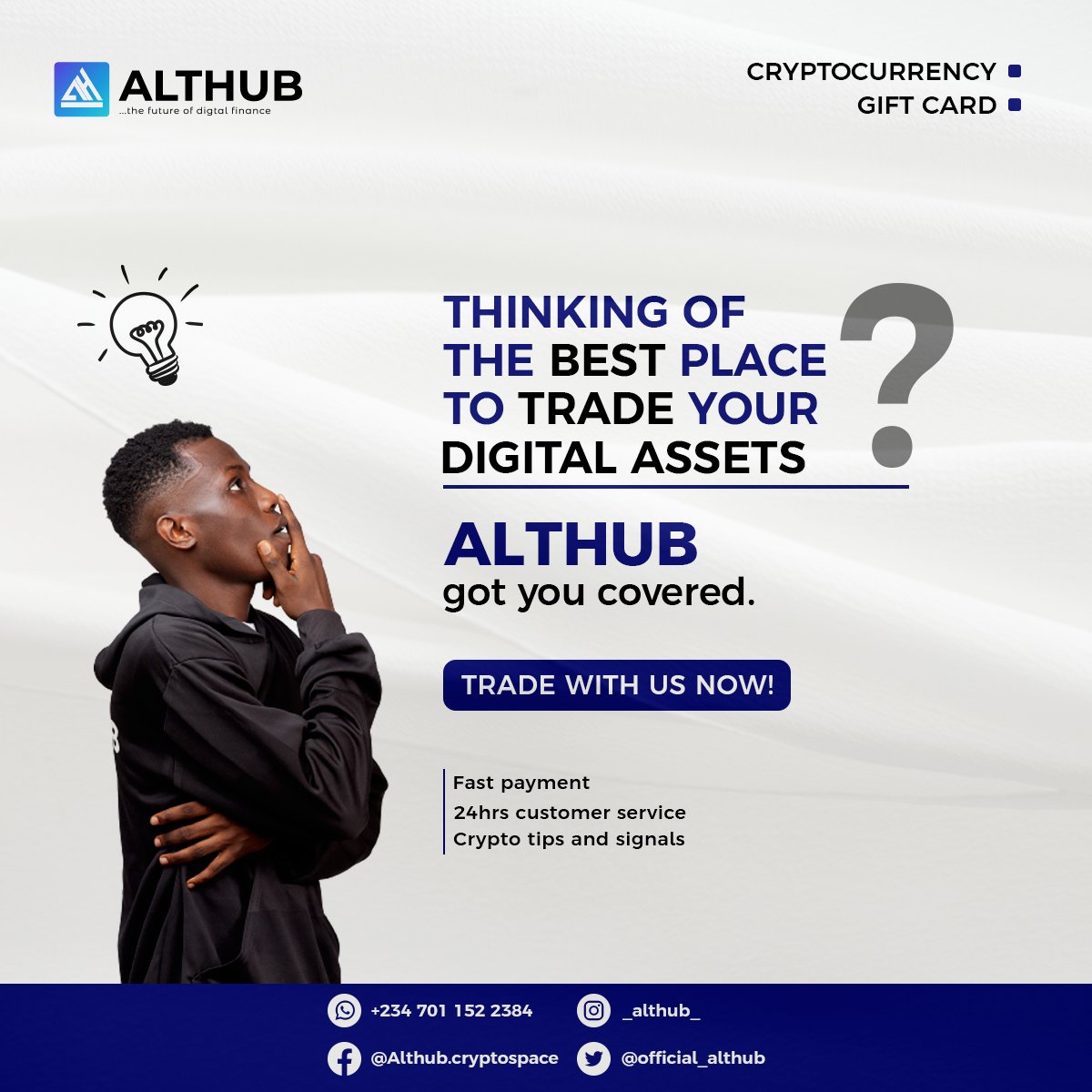 officialalthubs's tweet photo. Hello Tuesday,
We are still your sure plug for converting all digital assets to cash!
Trade with #ALTHUB tody!
#fintech #cryptocurrencies #cryptotrading #BTC    #BinanceBlockchainWeek    #business #Bullish https://t.co/SBIyodZDSC