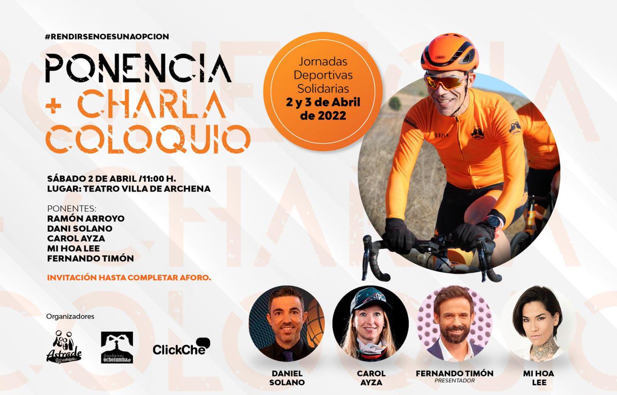 AytoArchena's tweet photo. Jornadas Deportivas Solidarias
Sábado, 2 de abril, a las 11,00 h de la mañana
Ponencia sobre 'Rendirse no es una opción'
Ponentes: Ramón Arroyo, Dani Solano, Carol Ayza, Mi Hoa Lee y Fernando Timón
Teatro Villa de #Archena
#rendirsenoesunaopcion 
#Deporte https://t.co/n1TZwUuB8Y