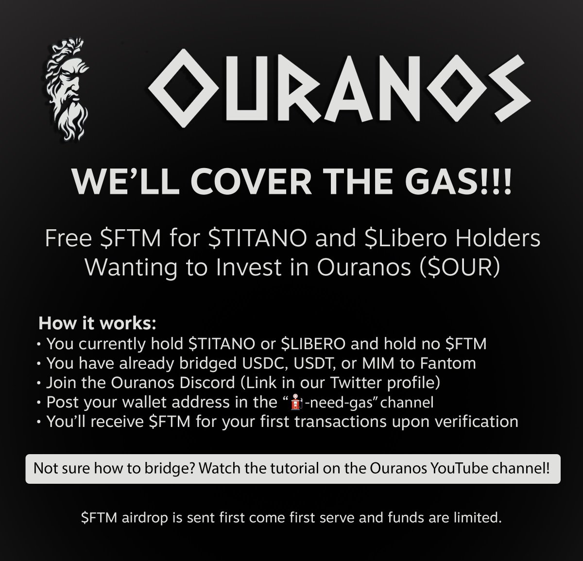 Hey $TITANO and $LIBERO holders!!!
If you'd like to invest in #Ouranos ( $OUR ), we'll airdrop you $FTM to cover gas 💪

Follow the steps in the graphic or check out our Youtube tutorial (youtu.be/yZSW5NUz5kw) to get your #Airdrop

#Fantom #TITANOfork #Libero #DeFi #BNBChain
