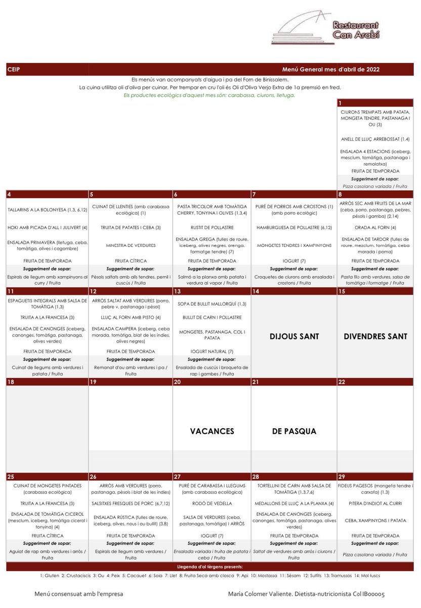 Aquest és el menú d’abril 2022
Bon profit!