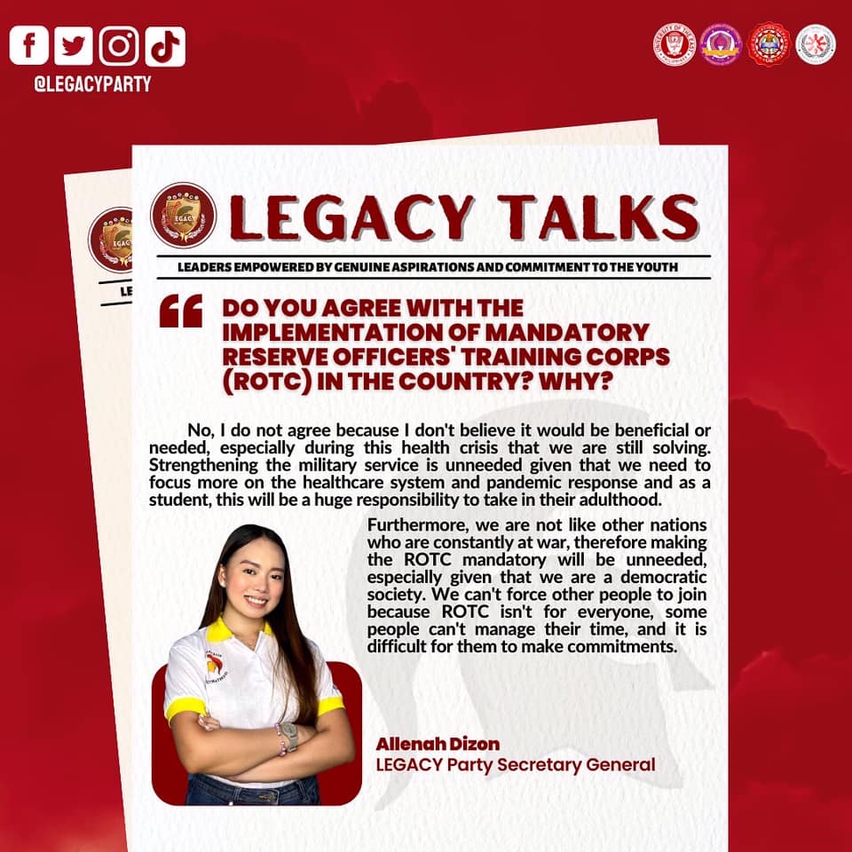 LegacyParty_UE's tweet photo. HIGHLIGHTS | Candidates’ Q&A
Witness, as Allenah Dizon the Secretary General of LEGACY Party states her answers!
#aALLENAHinKaPalagi
#VoteSTRAIGHT
#VoteWISELY
#VoteLEGACYPARTY
#LegacyForConsistency
#SaLegacyWalangPagsisisi https://t.co/Ryp8e6WZWP