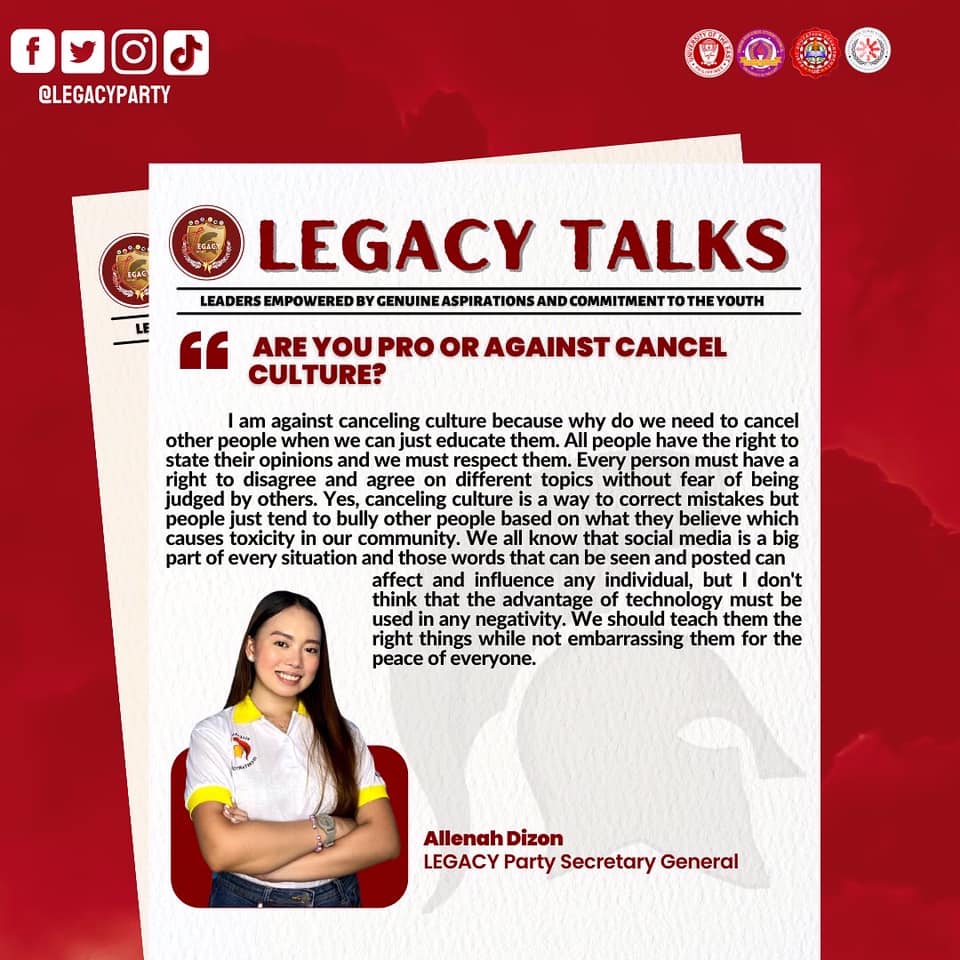 LegacyParty_UE's tweet photo. HIGHLIGHTS | Candidates’ Q&A
Witness, as Allenah Dizon the Secretary General of LEGACY Party states her answers!
#aALLENAHinKaPalagi
#VoteSTRAIGHT
#VoteWISELY
#VoteLEGACYPARTY
#LegacyForConsistency
#SaLegacyWalangPagsisisi https://t.co/Ryp8e6WZWP