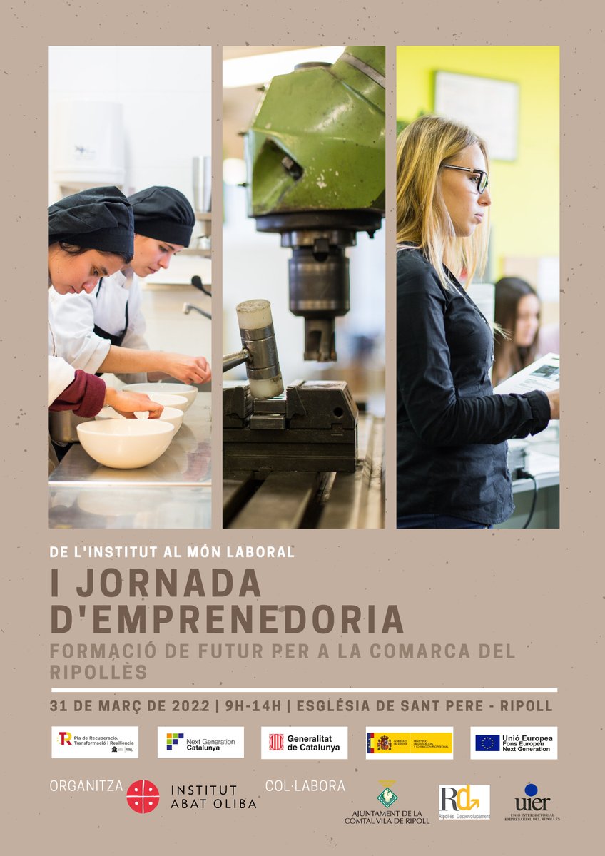 L'<a href="/insabatoliba/">Institut Abat Oliba</a> organitza aquest dijous 31 de març la 1a Jornada d'Emprenedoria❗️👉De l'institut al món laboral
📍Església de St. Pere a #Ripoll
⏰9-14h
Amb la col.laboració d' <a href="/Aj_Ripoll/">Ajuntament de Ripoll</a>, <a href="/CRDesenv/">Agència de Desenvolupament del Ripollès</a> i @Uier_ripolles
