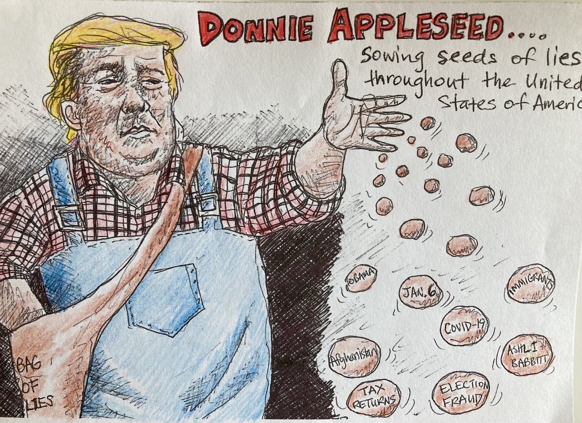 doodle_a_rama's tweet photo. Donnie Appleseed ... sowing seeds of lies through the United States of America. #DonaldTrump #Trump #Trumptoon #Trumptoons #Trumpism #MAGAtoons #MAGA #AmeriKKKa #MyDrawing #Drawing #MyArt https://t.co/vqmmM3Q9ZK