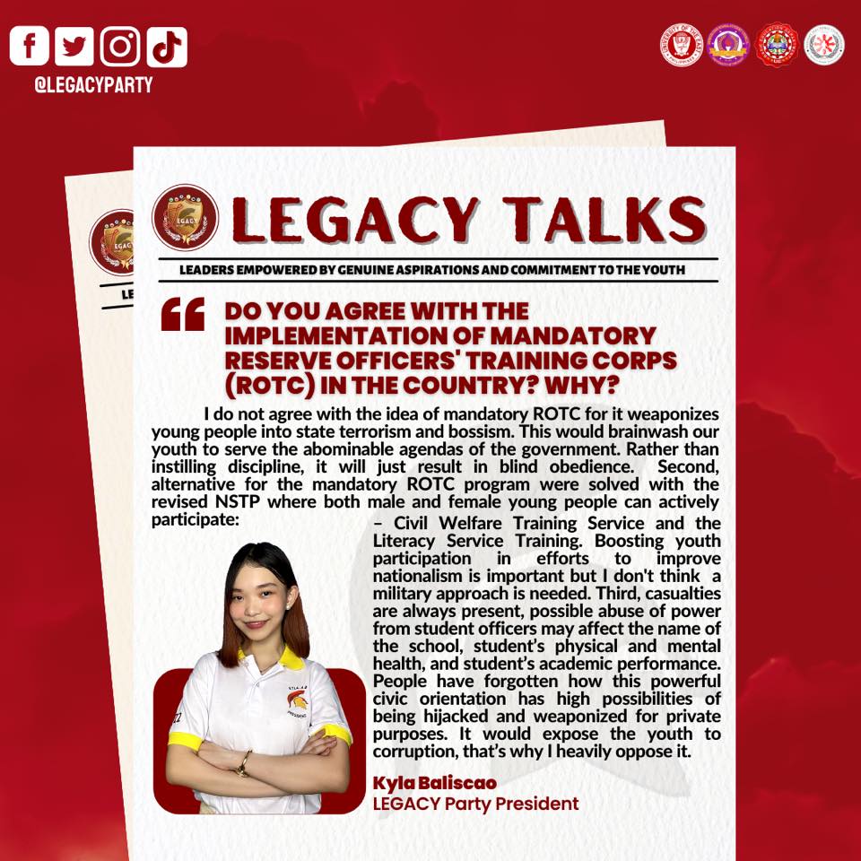 LegacyParty_UE's tweet photo. HIGHLIGHTS | Candidates Q&A
Witness, as KYLA BALISCAO the PRESIDENT of LEGACY Party states her answers!
#iKYLAgingPakikinggan
#VoteSTRAIGHT
#VoteWISELY
#VoteLEGACYPARTY
#LegacyForConsistency
#SaLegacyWalangPagsisisi https://t.co/lGuc96CYeJ