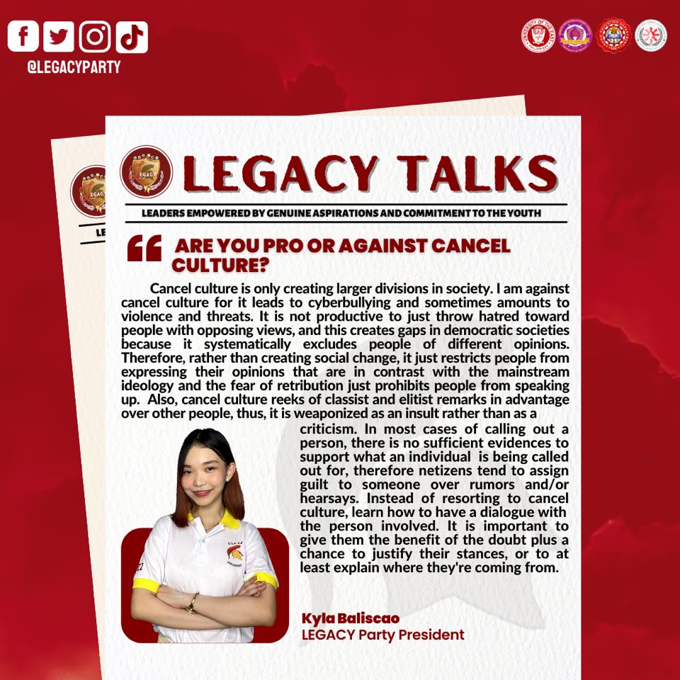 LegacyParty_UE's tweet photo. HIGHLIGHTS | Candidates Q&A
Witness, as KYLA BALISCAO the PRESIDENT of LEGACY Party states her answers!
#iKYLAgingPakikinggan
#VoteSTRAIGHT
#VoteWISELY
#VoteLEGACYPARTY
#LegacyForConsistency
#SaLegacyWalangPagsisisi https://t.co/lGuc96CYeJ