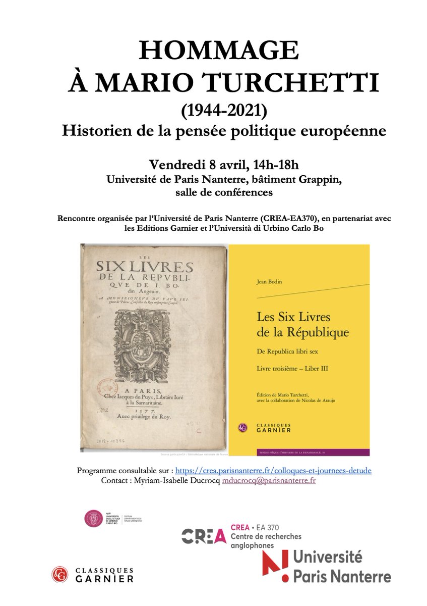 🗓 Le 8 avril à 14h, hommage à Mario Turchetti (1944-2021), historien de la pensée politique européenne, en partenariat avec <a href="/EditionsCG/">Classiques Garnier</a> et <a href="/uniurbit/">Università di Urbino</a> ➡️ crea.parisnanterre.fr/colloques-et-j…