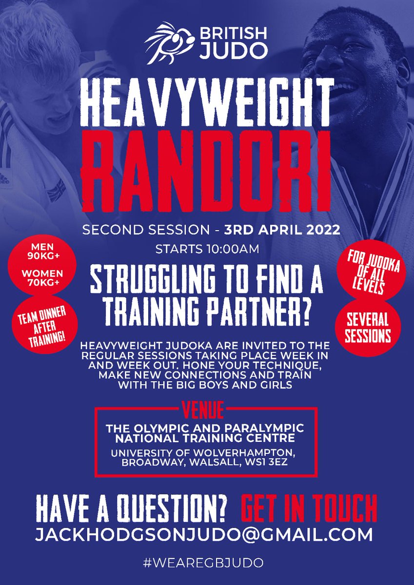 Heavyweight randori is back!

📍 British Judo National Training Centre
📅 Sunday 3rd April
⏰ 10am start

All organised by our very own <a href="/JackHodgsonJudo/">Jack Hodgson</a>

#WeAreGBJudo🇬🇧🥋
