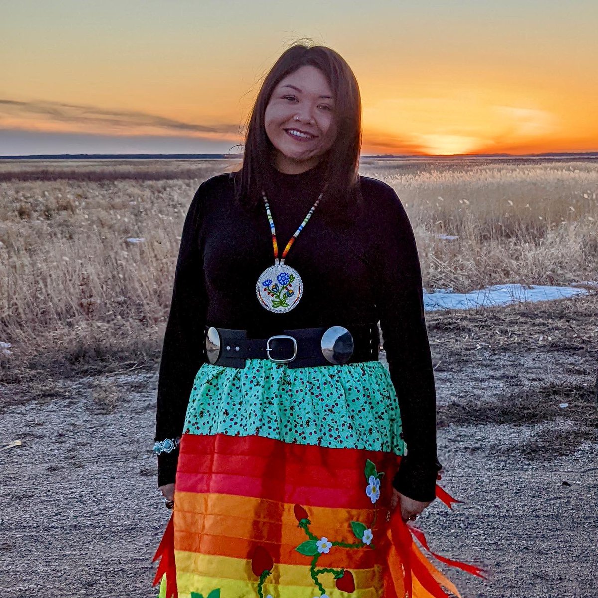 TeraNormal's tweet image. Trying to show off my new ribbon skirt in 20 degree weather. That wind was wicked 😵‍💫 I’ll have to attempt to show it off another time 😂 

#ribbonskirt #indigenous #coldaf #mnweather #redlakenation #ojibwe
