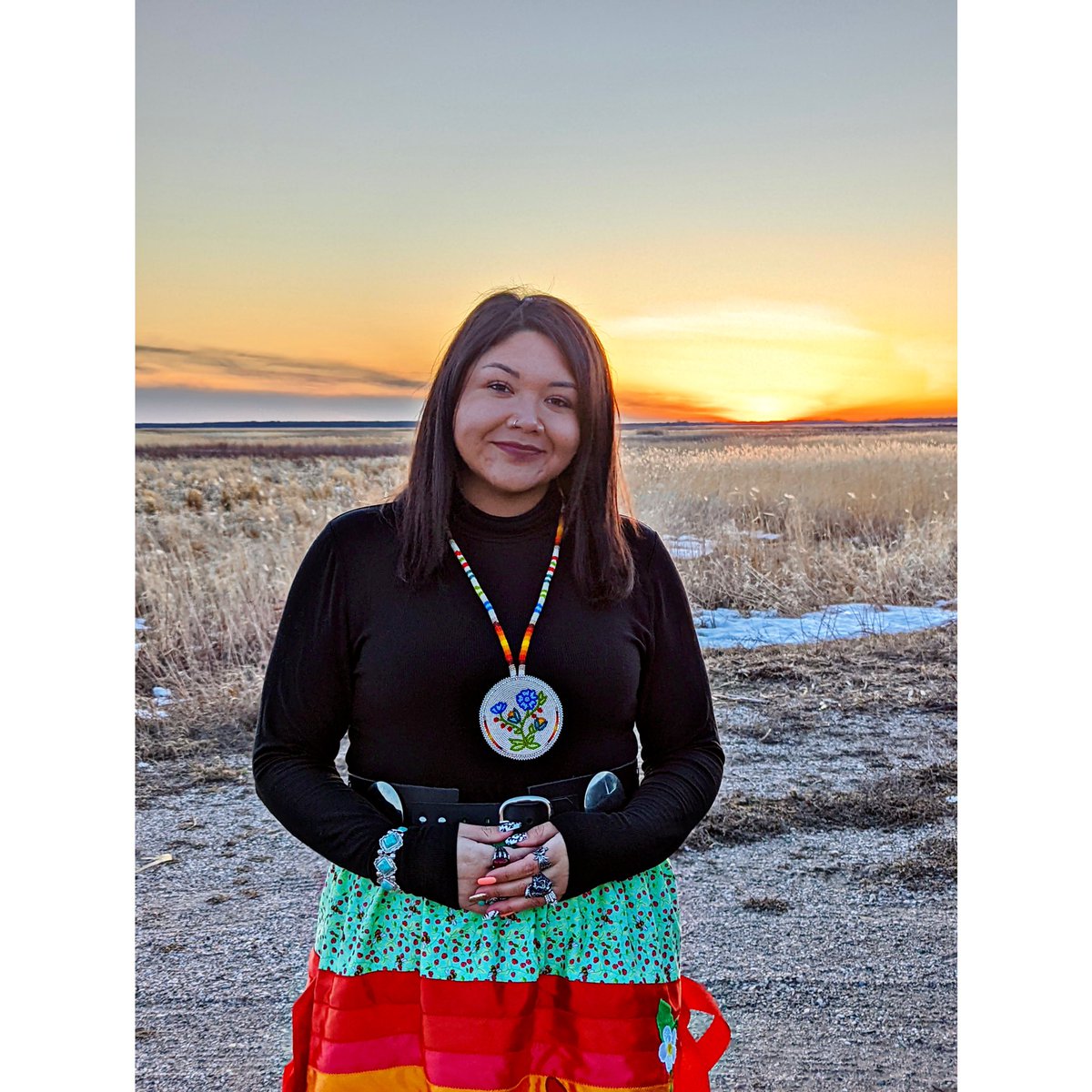 TeraNormal's tweet image. Trying to show off my new ribbon skirt in 20 degree weather. That wind was wicked 😵‍💫 I’ll have to attempt to show it off another time 😂 

#ribbonskirt #indigenous #coldaf #mnweather #redlakenation #ojibwe