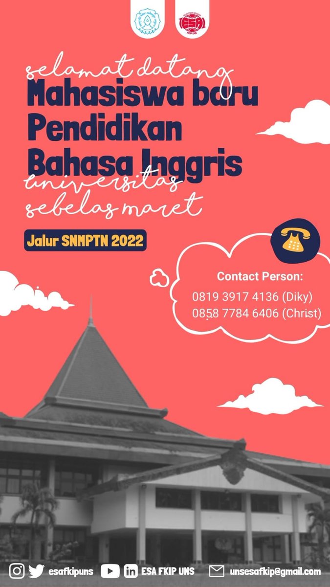 esafkipUNS's tweet photo. 𝗪𝗲𝗹𝗰𝗼𝗺𝗲 𝗘𝗘𝗗 𝟮𝟬𝟮𝟮
Welcome and join being an extraordinary part of the new students of English Education UNS 2022💫
.
We are proud and happy that you have become part of us.  
To new students of EED UNS 2022, please confirm to the contact person👋 https://t.co/yP4yKuEhgc