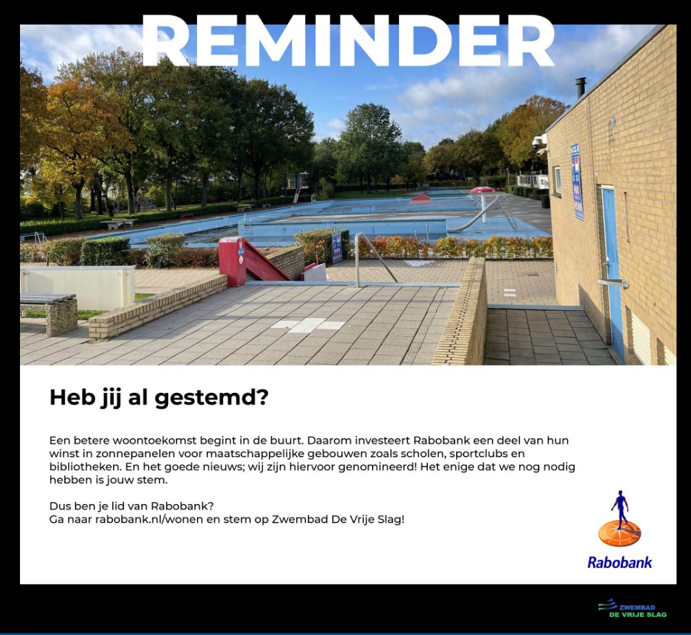 Help ons Zwembad De Vrije Slag in Bennekom te verduurzamen, stemmen kan tot 31 maart 2020!
