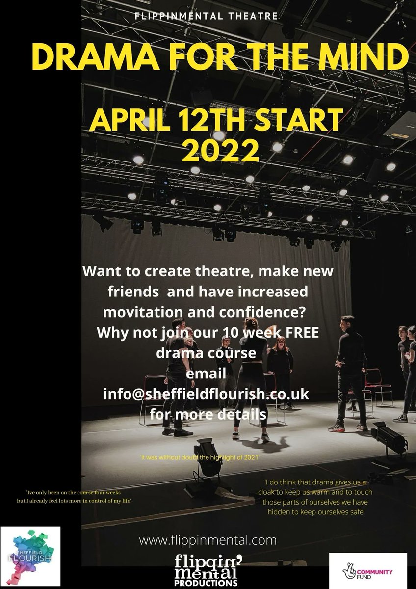 Not long to go until the next Flippin Mental Theatre group 'Drama for the Mind' - starting on April 12th! 

Email info@sheffieldflourish.co.uk to book your place 🎭