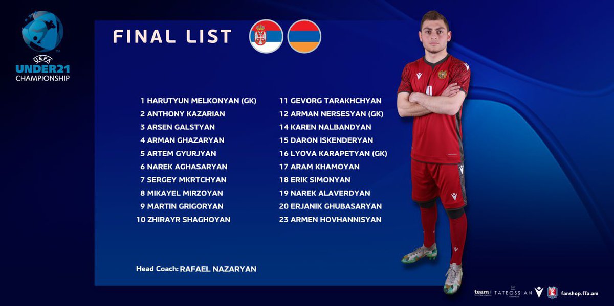 Armenia U-21 final list for the match against Serbia.

#SRBARM 🇷🇸🇦🇲 #ArmeniaU21 
#Armenia #U21 #Under21 #EURO2023