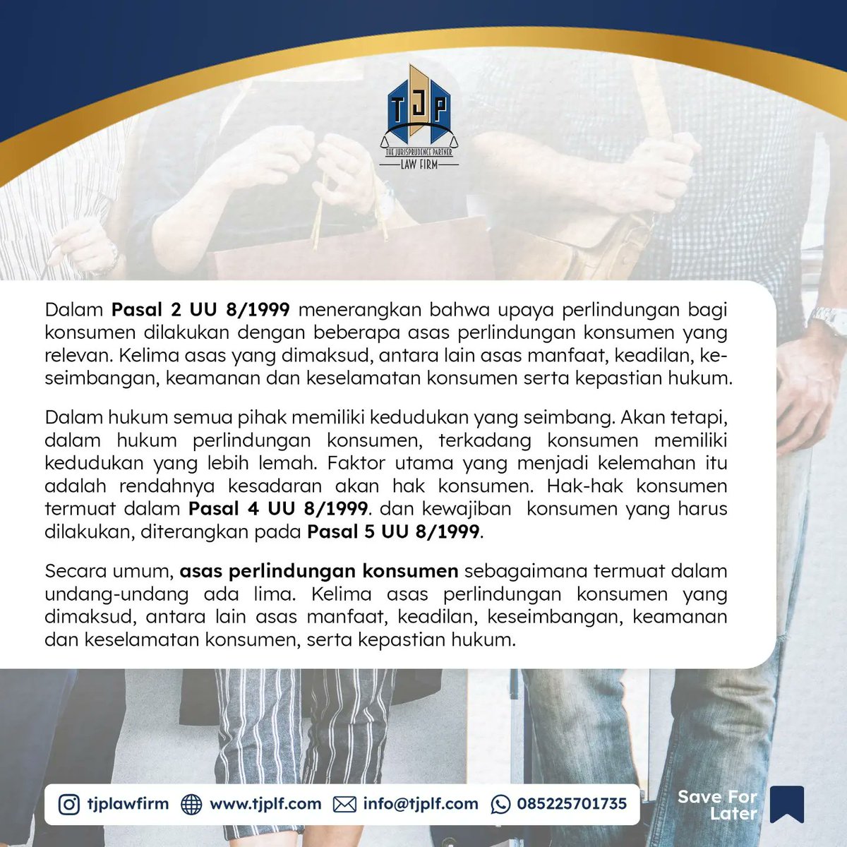 TJPLawFirm's tweet photo. Upaya perlindungan bagi konsumen dilakukan dengan beberapa asas perlindungan konsumen yang relevan. Simak penjelasannya. 

#advokat #lawyer #pengacara #konsumen https://t.co/LnaVBm6eCb