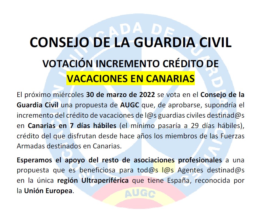 Mañana se votará en el Consejo de <a href="/Guardiacivil/">Guardia Civil</a> la propuesta de <a href="/AUGC_Comunica/">AUGC Guardia Civil 🇪🇸</a> en aumentar 7️⃣días hábiles las vacaciones de👮‍♀️👮🏻‍♂️destinados en #Canarias igual que el personal de <a href="/Defensagob/">Ministerio Defensa</a>.

¿Tendremos el apoyo del resto de asociaciones profesionales?
¿Y del <a href="/PSOE/">PSOE</a> y @Maria2Gamez?