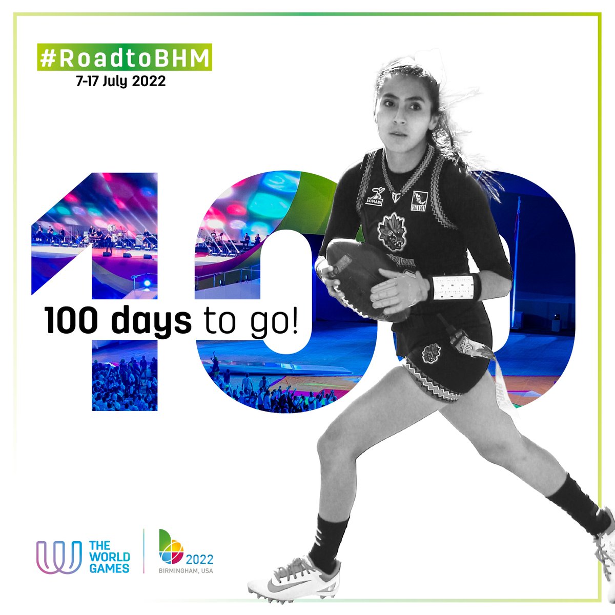 IFAFMedia's tweet photo. 100 days to go until @TWG2022 
Flag Football, presented by the @NFL, will be staged at historic Legion Field. 
We. Can't. Wait!
@TheWorldGames 
#LeadingFootballWorldwide https://t.co/L6j84o3C4d