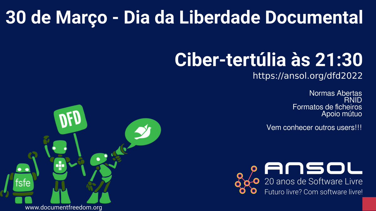 ANSOL's tweet photo. Para celebrar o Dia da Liberdade Documental, vamos
organizar uma ciber-tertúlia dia 30 de Março às 21h30, uma conversa informal onde serão abordados vários temas:
- Normas Abertas
- RNID
- Formatos de ficheiros
Mais informações em https://t.co/XCY8Xg2dGo https://t.co/gDL1IT9fen