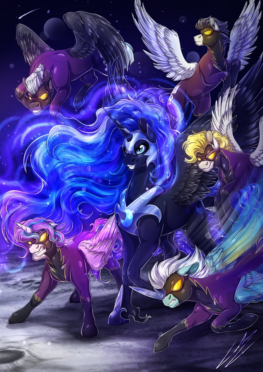 "COMM: Growth of the Dark Realm"-this EPIC #Commission for John Baggins now shows us Daybreaker's opponent: Nightmare Moon and the Shadowbolts!💚💜

deviantart.com/lupiarts/art/C…

#art #ArtistOnTwitter #artist #artwork #digitalart #drawing #illustration #mlpfanart #brony #mylittlepony