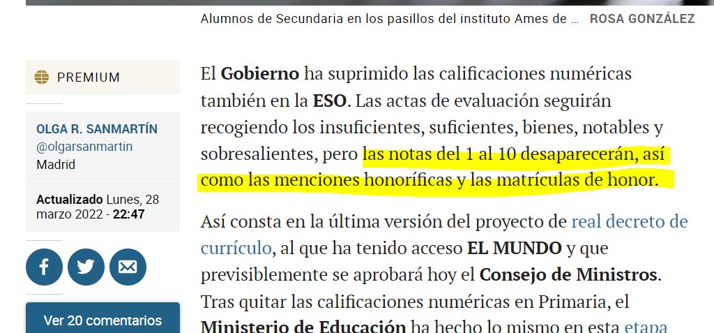 ismaelquesada's tweet photo. Si un alumno no estudia, se le suspende. Si estudia, se le aprueba. Y si saca resultados excelentes, se le debe reconocer con una matrícula de honor. Es un tremendo error esa tendencia de intentar poner a la misma altura todas las calificaciones porque encamina a la mediocridad. https://t.co/XpY9AygHSp