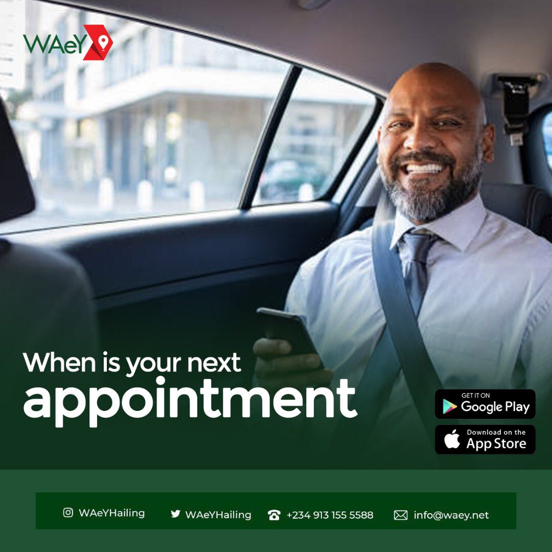 WAeYHailing's tweet photo. We are ready when you are!!
Book a scheduled ride with us whenever. 

Coming soon to Abuja, Kano and Kaduna!!

#waeyhailing #logistics #ridesharing #rideshare #ridesharedriver #lyft #uber #uberdriver #lyftdriver #transportation #taxi #driver #ride #travel #speed #commuter https://t.co/noQvP4qkYz