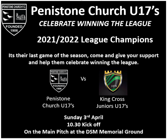 This Sunday why not come and support <a href="/pcfc/">Paula Costa</a> U17's last league game of the season plus help them celebrate becoming the 2021/22 League Champions. 10.30 kick off. Food and drink available from 10am.