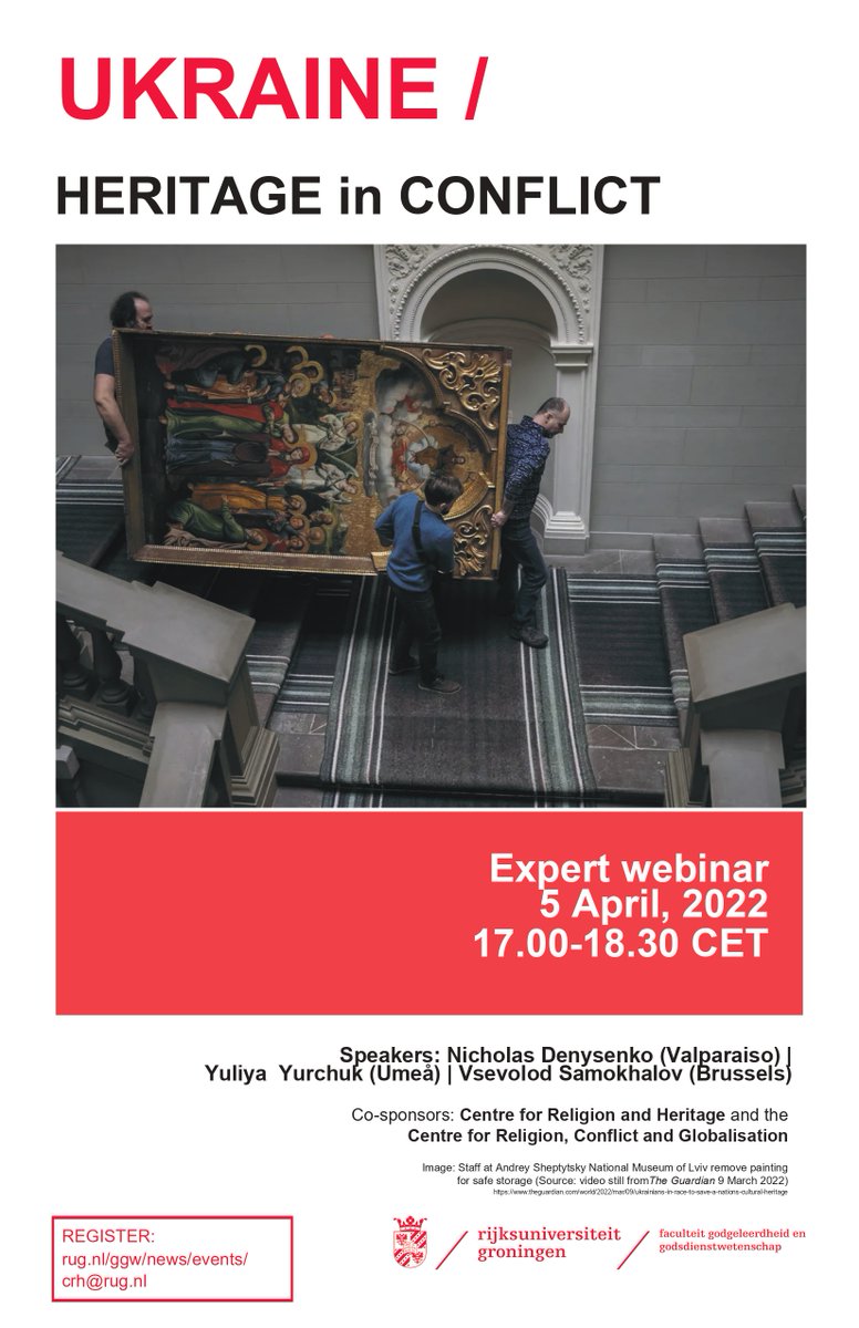 crcg_rug's tweet photo. 🔴Together with the @CRH_UG, we are co-sponsoring a quick-response expert #webinar on "#Heritage in #Conflict in #Ukraine". 5 Apr 2022, 17-18:30 CET. Register by sending an email to: crh@rug.nl. More info below 👇 @ReligieCultuur https://t.co/xIXh8KraLc