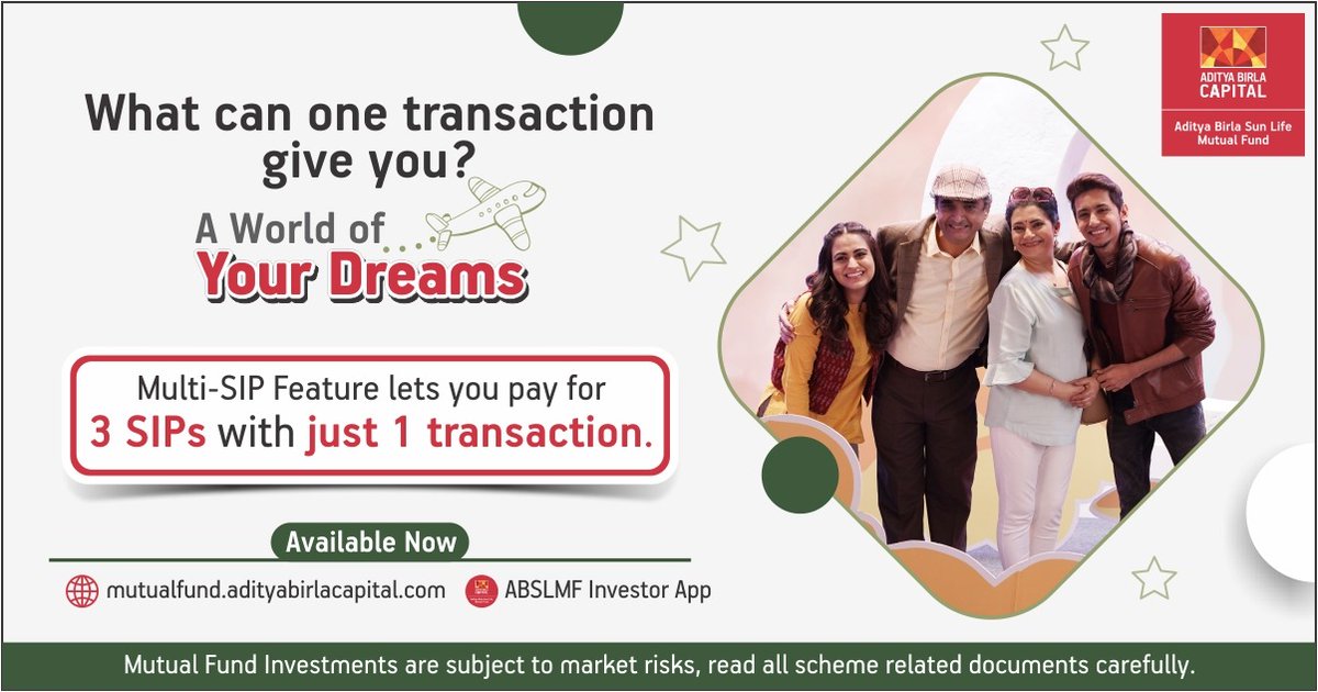 abslmf's tweet photo. “How many dreams are too many dreams?”, asked no one ever. So dream away with multiple SIPs all at the same time. Multi-SIP feature is available now on our website and Investor App.
Download App: https://t.co/NloiLbltVr
#MultipleSIP #WINWITHSIP #ABSLMF #MutualFund #Investing https://t.co/I6xfc9DppH