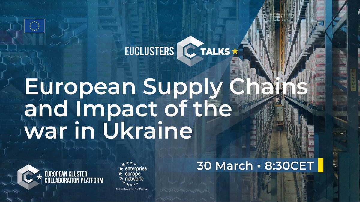 EU_Growth's tweet photo. 🚨How does the invasion of Ukraine🇺🇦 impact our supply chains?
Join tomorrow's #EUClustersTalks with Deputy Director-General @MaiveRute to find out how businesses are coping and how the EU can help yours.
Register✍️ here: https://t.co/paZ8OpiNM9
#ResilientEU #StandWithUkraine https://t.co/aTo3fuy8SF