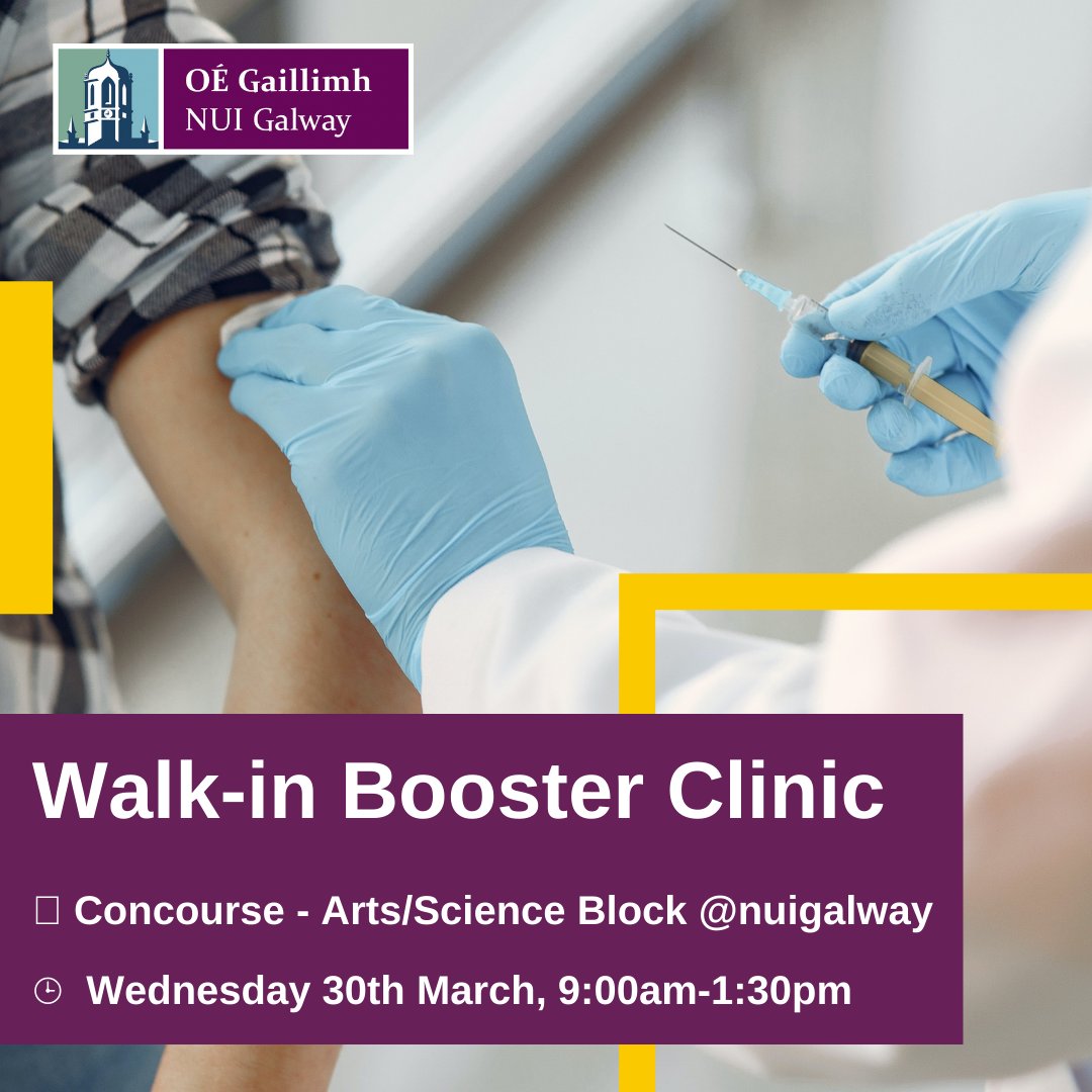 UniGalwayHealth's tweet photo. Walk-in @HSELive #COVID19 Booster Vaccine Clinic re-opens on the Concourse tomorrow between 9am-1.30pm. All you need is your Photo ID
COVID19 case numbers are high and A&amp;E Depts under pressure, so please protect yourself &amp; others &amp; #GetBoostered if you haven't previously done so. https://t.co/Tj14ENo75o