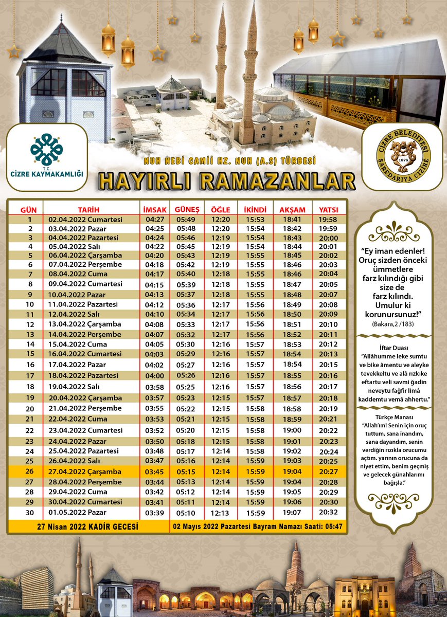 2022 RAMAZAN-I ŞERİF İMSAKİYESİ

Cenab-ı Hakka sonsuz şükürler olsun. Bereketli huzurlu bir Ramazan-ı Şerif geçirebilmeyi nasip eylesin.
Cümlemizin dua ve ibadetleri kabul olsun. 🤲