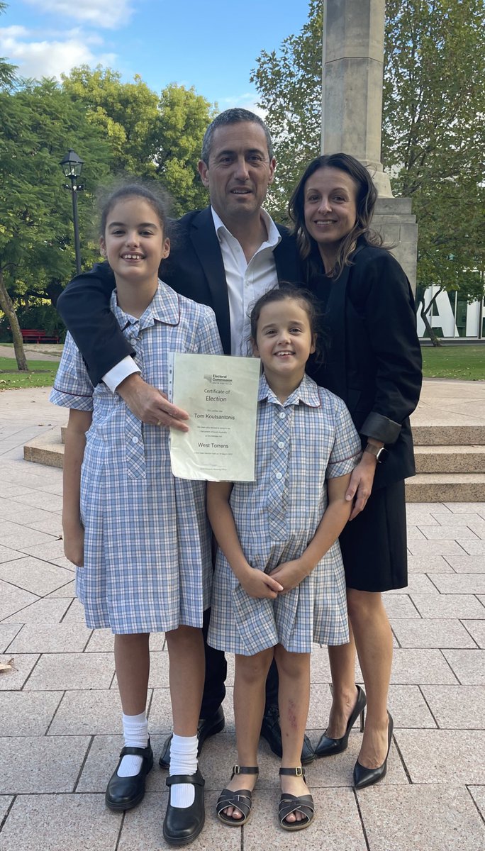 TKoutsantonisMP's tweet photo. Declaration of the West Torrens district. I couldn’t do any of this without my community, family or staff support. Thank you for the support &amp; great public location choice by @SAElectoralCom West Torrens Returning Officer Lauren Elsegood. The public square is back!  #SAVotes22 https://t.co/fyLERbFVli