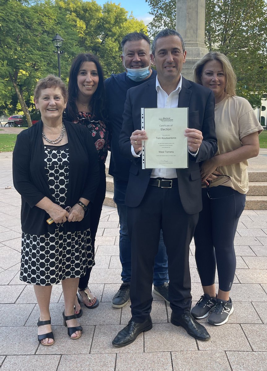 TKoutsantonisMP's tweet photo. Declaration of the West Torrens district. I couldn’t do any of this without my community, family or staff support. Thank you for the support &amp; great public location choice by @SAElectoralCom West Torrens Returning Officer Lauren Elsegood. The public square is back!  #SAVotes22 https://t.co/fyLERbFVli