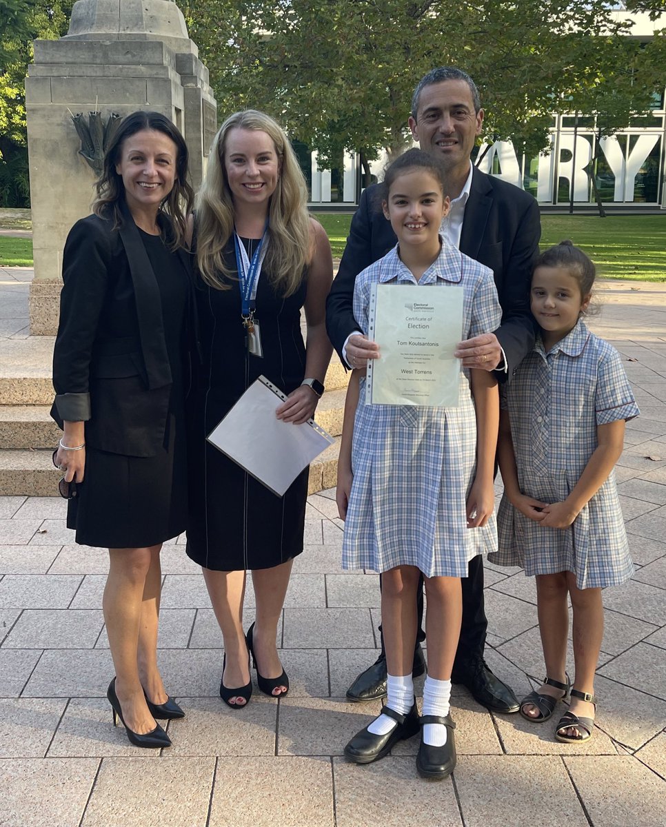TKoutsantonisMP's tweet photo. Declaration of the West Torrens district. I couldn’t do any of this without my community, family or staff support. Thank you for the support &amp; great public location choice by @SAElectoralCom West Torrens Returning Officer Lauren Elsegood. The public square is back!  #SAVotes22 https://t.co/fyLERbFVli