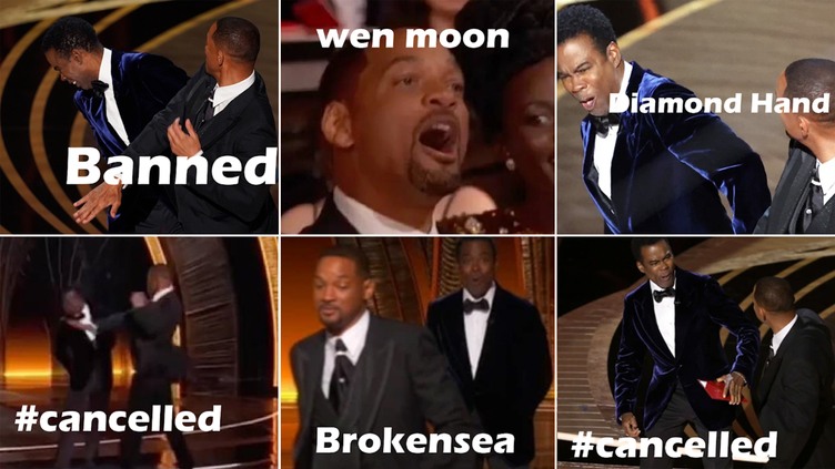 officialalthubs's tweet photo. Hours after Will Smith slapped Chris Rock at the Oscars, a Will Smith token was launched... along with 'non-fungible slaps' on OpenSea 👀
😄
#OpenSeaNFT #willsmithchrisrock #althub #cryptocurrencies #CryptocurrencyNews #blockchain #NFTProject https://t.co/GOjTDnUucE