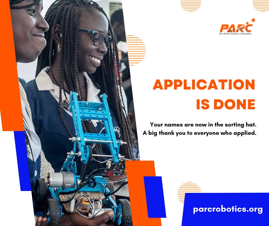 ParcRobotics's tweet photo. Thank you to everyone who applied for PARC 2022 Edition.
Our selection panel is currently reviewing all applications. Applicants will be receiving email updates in due course.
Have a great week ahead!
#PARC #PARCRobotics #AfricanYouth #PanAfrican #Robotics #TransformEducation https://t.co/3TnsgfwGME