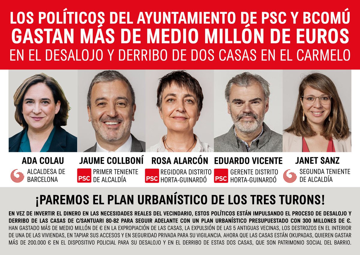 📢Avui denunciem els polítics responsables d'aquest pla: Ada Colau, Jaume Collboní, Rosa Alarcón, Eduardo Vicente i Janet Sanz📢

Portem temps lluitant per aturar aquest pla de desallotjament i enderroc de les cases afectades que va en contra de les veïnes dels Tres Turons❌🏗️🏘️