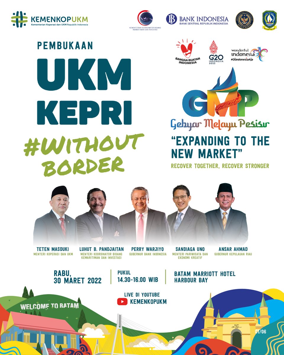 kemenkop_'s tweet photo. Semarak Gerakan Nasional Bangga Buatan Indonesia (Gernas BBI) kembali menggema. Kali ini akan fokus mengangkat potensi di Kepulauan Riau.
UKM Kepri #WithoutBorder
"Expanding to The New Market"
Ikuti Acara Pembukaannya secara LIVE di Kanal YouTube #KemenKopUKM besok! https://t.co/yZrUbSr1Fg