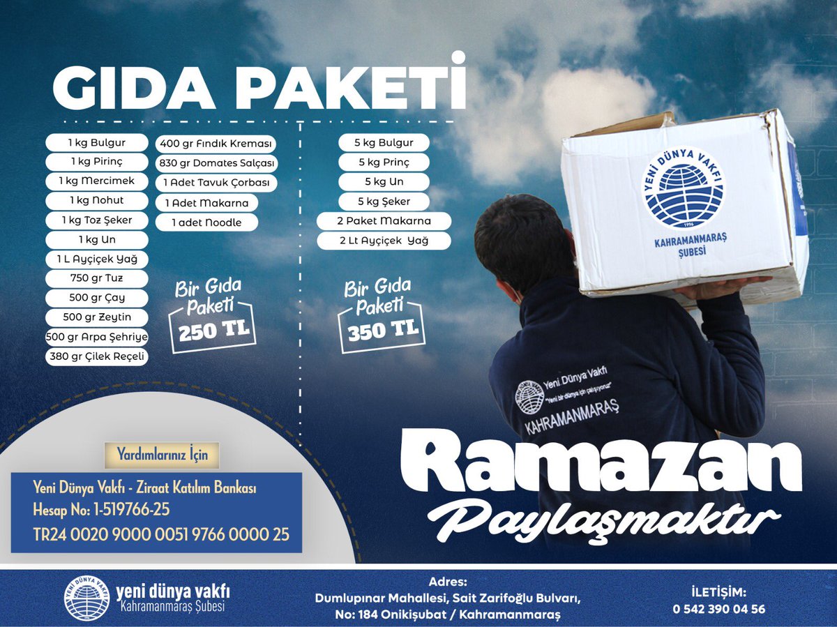 Ramazan Ayı boyunca ihtiyaç sahiplerine gıda paketleri ulaştırmaya devam ediyoruz. Dağıtacağımız gıda paketleri ile ihtiyaç sahiplerinin yanında olmaya ve bu iyiliğe ortak olmaya var mısınız?

Gıda Paketi (Küçük) : 250 TL 
Gıda Paketi (Büyük) : 350 TL