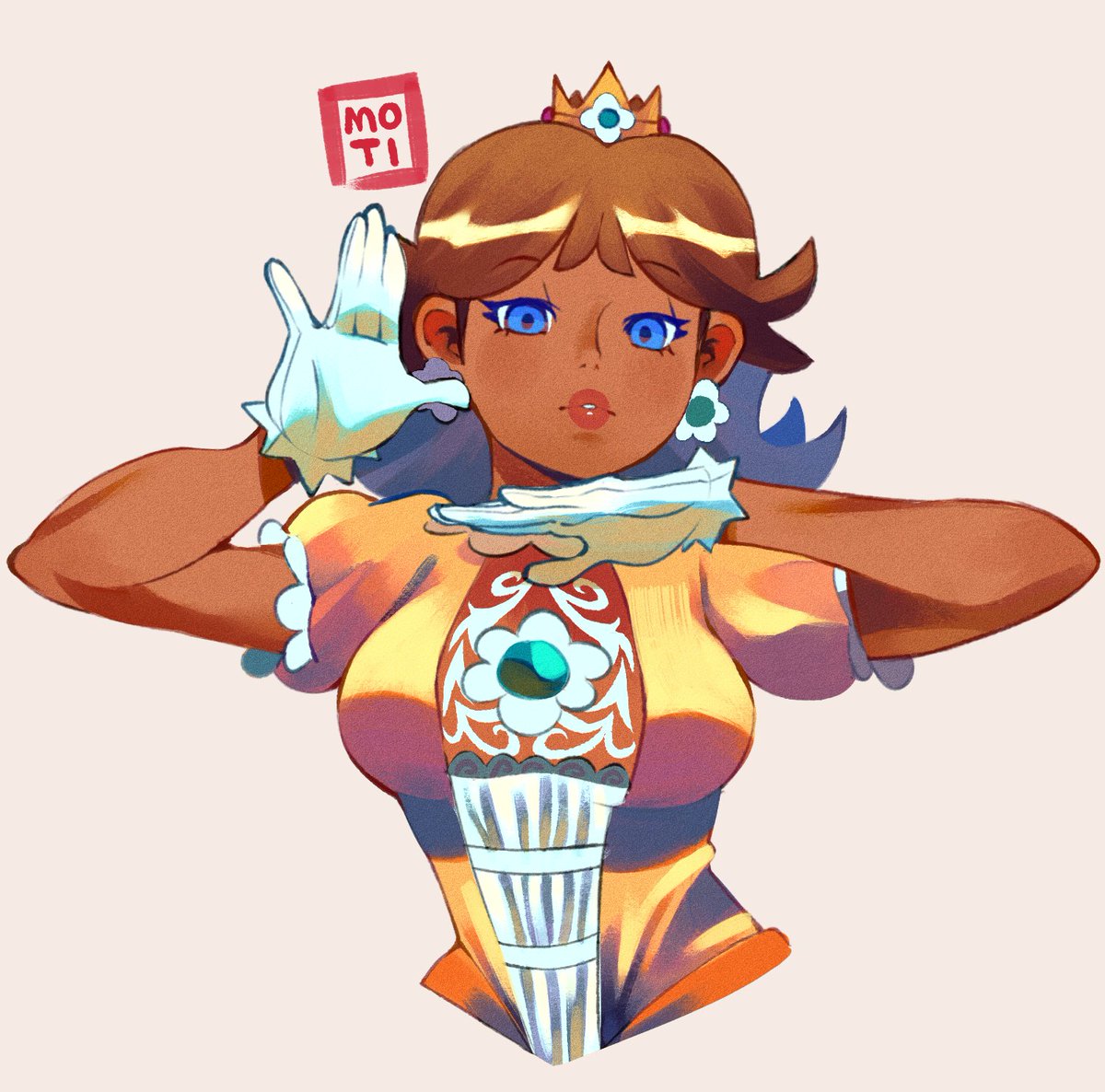 princess daisy 1girl gloves solo jewelry brown hair crown blue eyes  illustration images