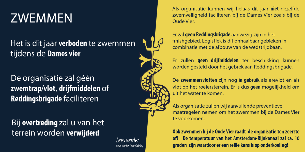 Verbod op zwemmen bij de Dames Vier:

Als organisatie kunnen wij helaas dit jaar niet dezelfde zwemveiligheid faciliteren bij de Dames Vier zoals bij de Oude Vier.

De organisatie kijkt hoe wij volgend jaar de zwemveiligheid bij de Dames Vier wel weer gefaciliteerd kan worden.