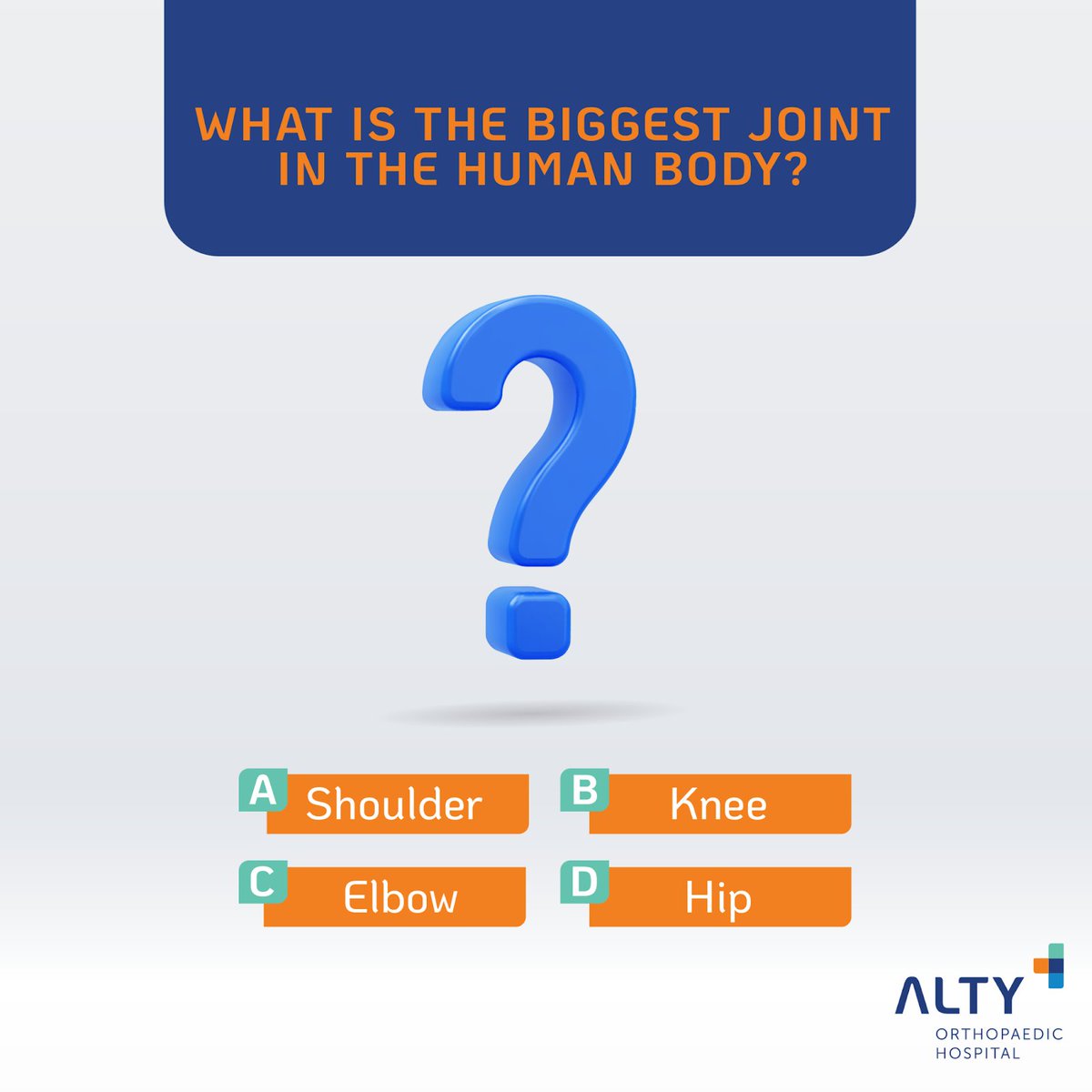 ALTYortho's tweet photo. How well do you know your own body? Take a guess on this quick quiz and drop your answer in the comment section down below! 😉

#LargestJointInBody #ALTYOrtho #Quiz https://t.co/n6YQIfaiPe