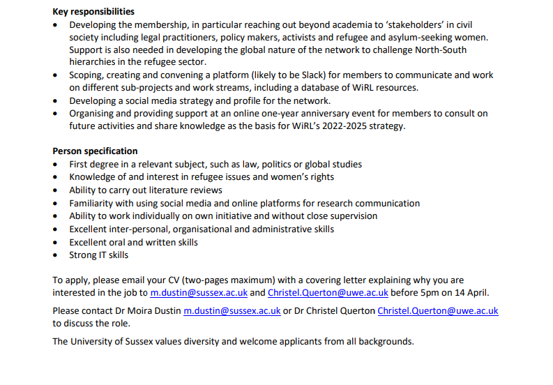 Women in Refugee Law network is looking for a research assistant to focus on developing the profile and membership of the network and organise our one-year anniversary event! Deadline: 14 April uwe.ac.uk/research/centr…