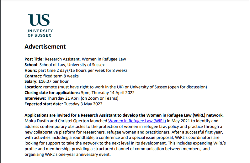 ChristelQ's tweet photo. Women in Refugee Law network is looking for a research assistant to focus on developing the profile and membership of the network and organise our one-year anniversary event! Deadline: 14 April https://t.co/CoanS6mKMn https://t.co/QIEo8ANUVq