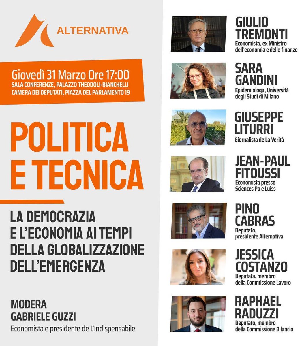 #Roma Giovedì 31 marzo  Camera dei Deputati
POLITICA e TECNICA: la #democrazia ai tempi dell'emergenza 
@JCostanzo84 - @gandini_sara - @Pinokabras 
@JeanPaulFitous2 - @giuslit  - @RaphaelRaduzzi 
@Giulio_Tremonti  
Modera @GabrieleGuzzi
Pagina evento: facebook.com/events/3653239…