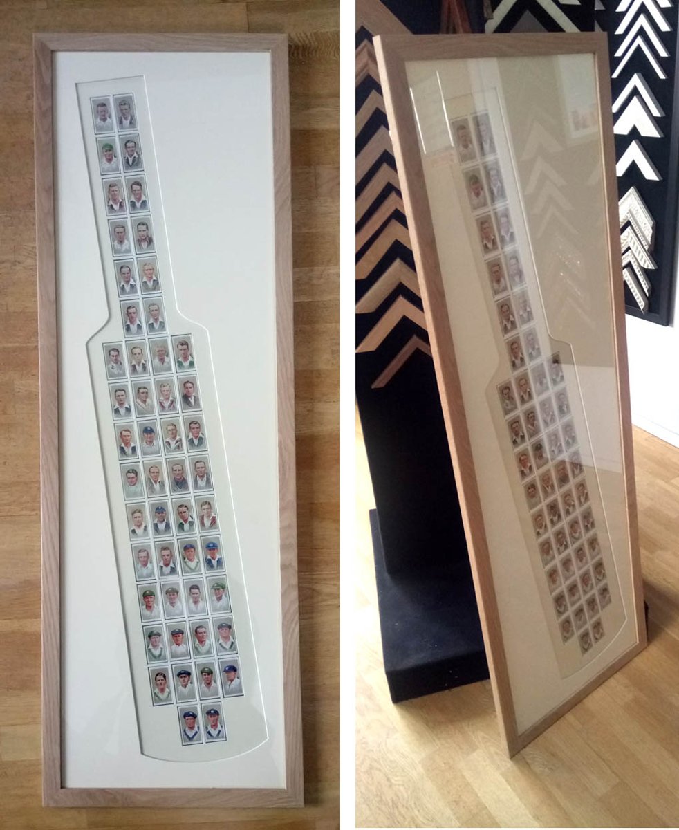 CF_Framing's tweet photo. Our business name does exactly what it says on the tin. You can’t get much more customised (or random) than #cigarettecards displayed in the shape of a #cricket bat and #framed in a way so that they can be read from both sides.

#pictureframing #customframing #art #framing https://t.co/s2iHj1uy87