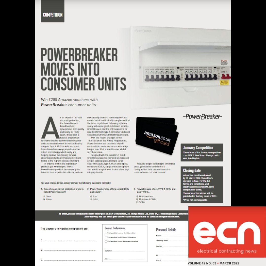 GreenBrookElec's tweet image. We've got #Amazon vouchers up for grabs to celebrate the launch of our new #PowerBreaker consumer units - closes 31st March 2022

👀 electricalcontractingnews.com/competition/ 

@ElecConNews #electrician #fuseboard #electricalcontractor